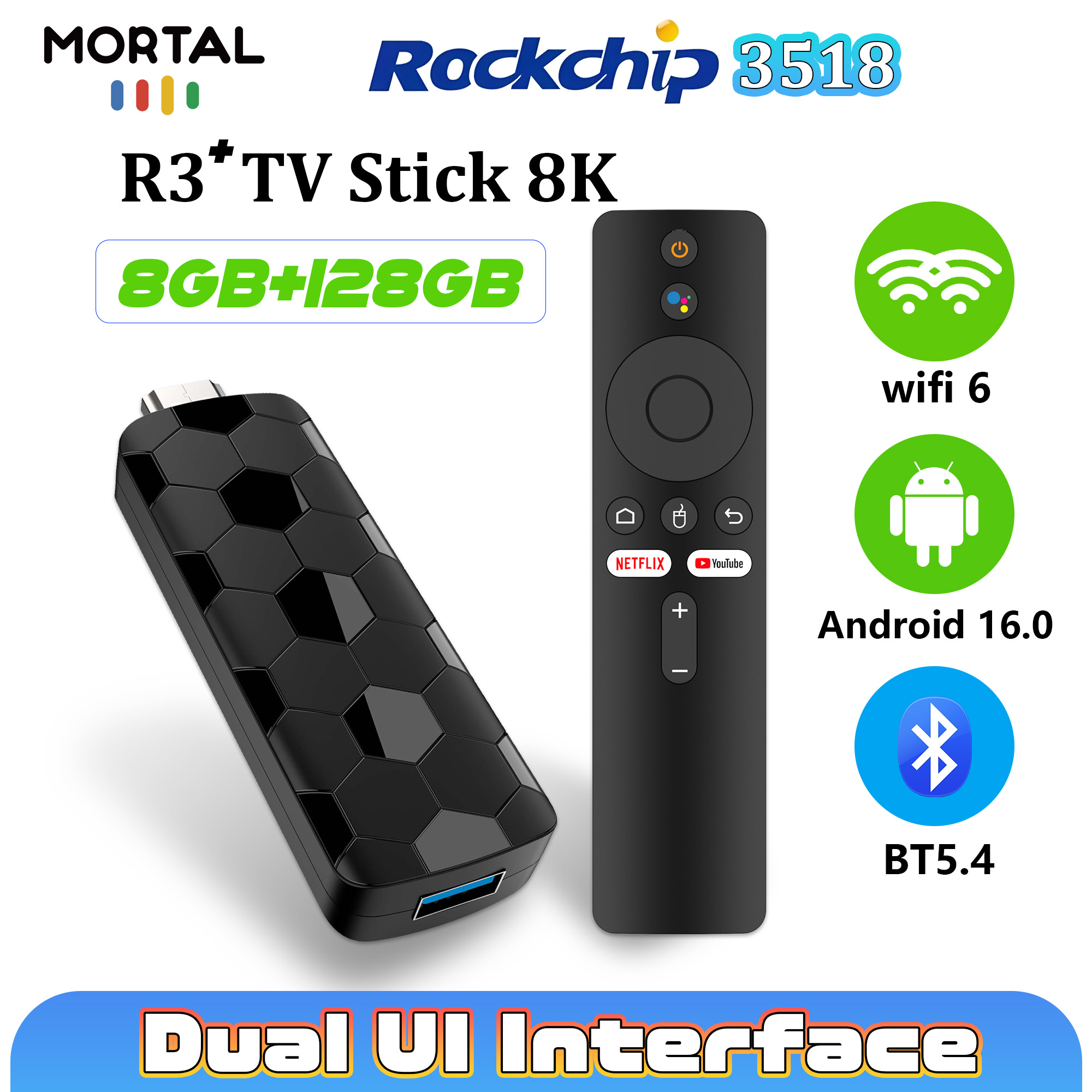 Home Cinema Accessories - Mortal R3+ TV-Stick Android 16 8